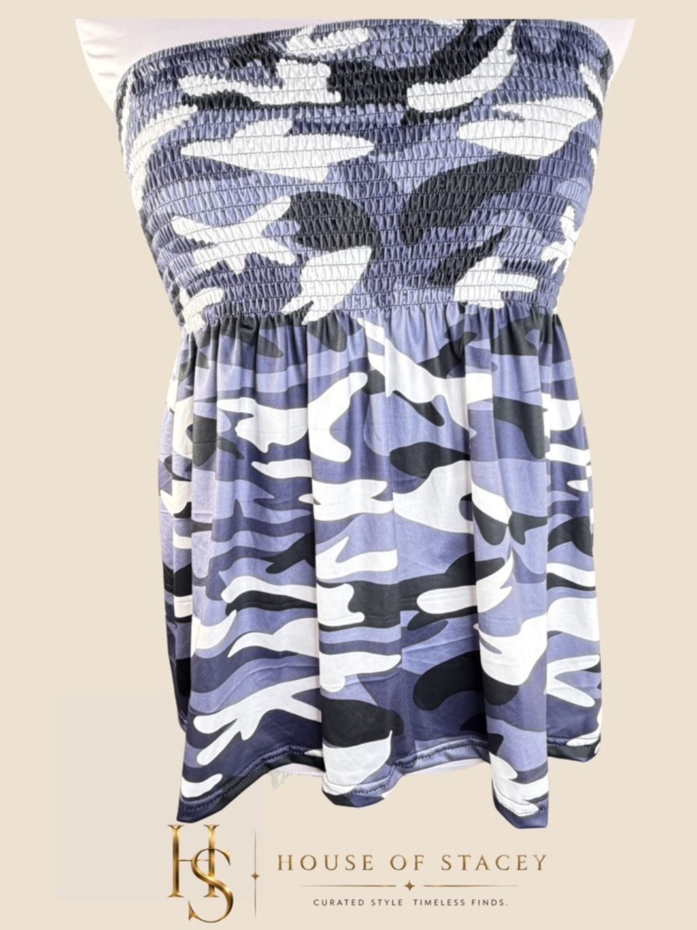Blue Gray Camo Smocked Strapless Tube Top 1XL